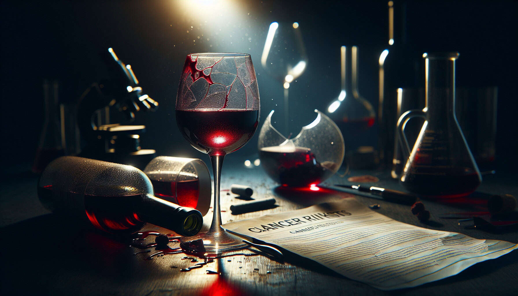 A moody still life of red and white wine, with a broken bottle and a medical paper on cancer risks, symbolizing the debate over wine’s health effects.