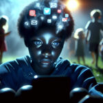 A teenager sits in a dark room, their face illuminated by the eerie blue glow of a smartphone. Digital notifications swirl around them like ghostly apparitions, contrasting with the sunlit world outside.