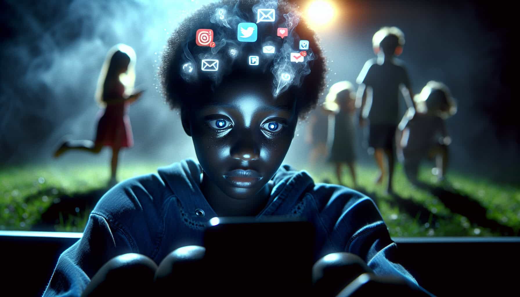 A teenager sits in a dark room, their face illuminated by the eerie blue glow of a smartphone. Digital notifications swirl around them like ghostly apparitions, contrasting with the sunlit world outside.