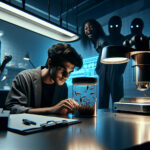 A young man with a cold, calculating gaze hesitates over a glass container of wriggling woodlice in a dimly lit, eerie psychological experiment.