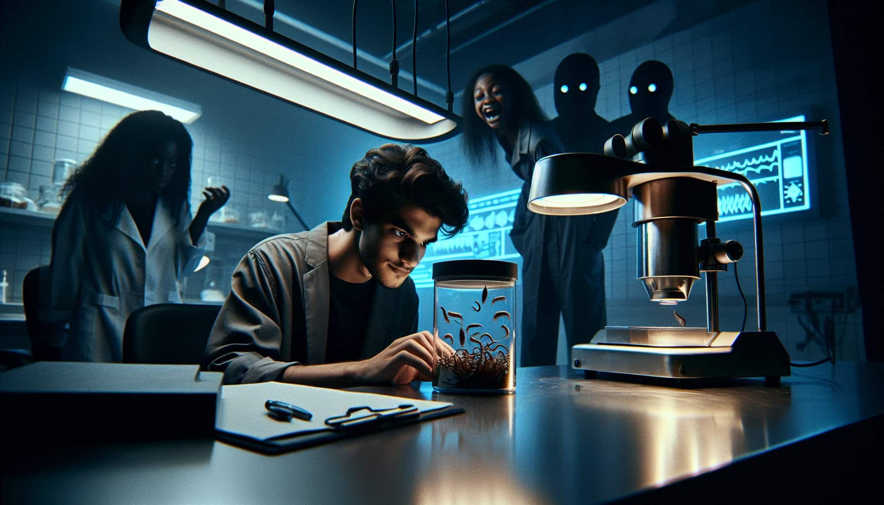 A young man with a cold, calculating gaze hesitates over a glass container of wriggling woodlice in a dimly lit, eerie psychological experiment.