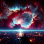 A cinematic view of the Milky Way’s turbulent center, where glowing ionized hydrogen clouds swirl amid cosmic energy, hinting at the presence of mysterious dark matter.