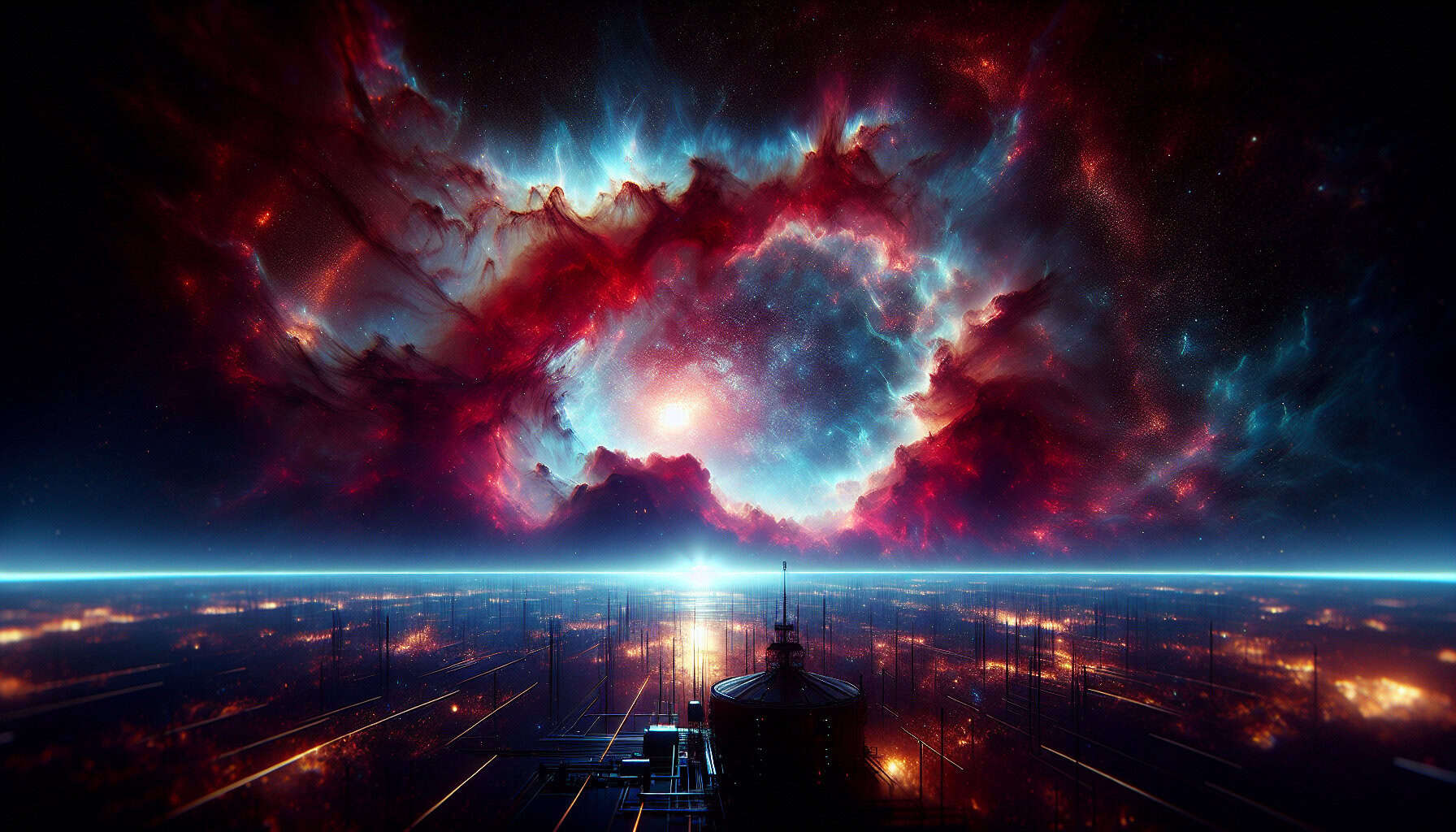 A cinematic view of the Milky Way’s turbulent center, where glowing ionized hydrogen clouds swirl amid cosmic energy, hinting at the presence of mysterious dark matter.