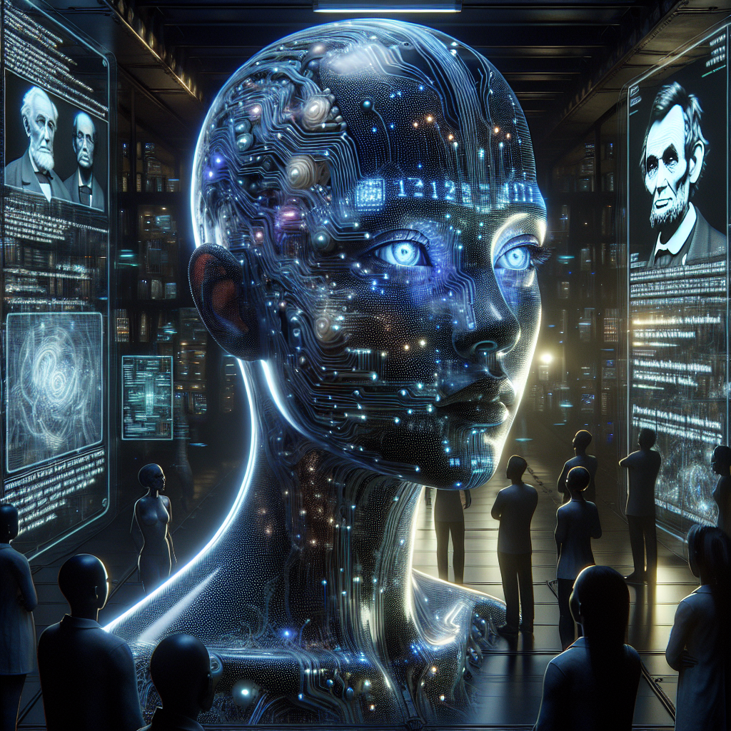 A futuristic AI humanoid with glowing digital code for a face sits in a dark lab, surrounded by holographic screens filled with fabricated facts and false equations.