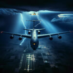 High-contrast aerial shot of a US Navy E-6B Mercury "Doomsday Plane" soaring through a stormy twilight sky, illuminated by navigation lights over Nebraska.