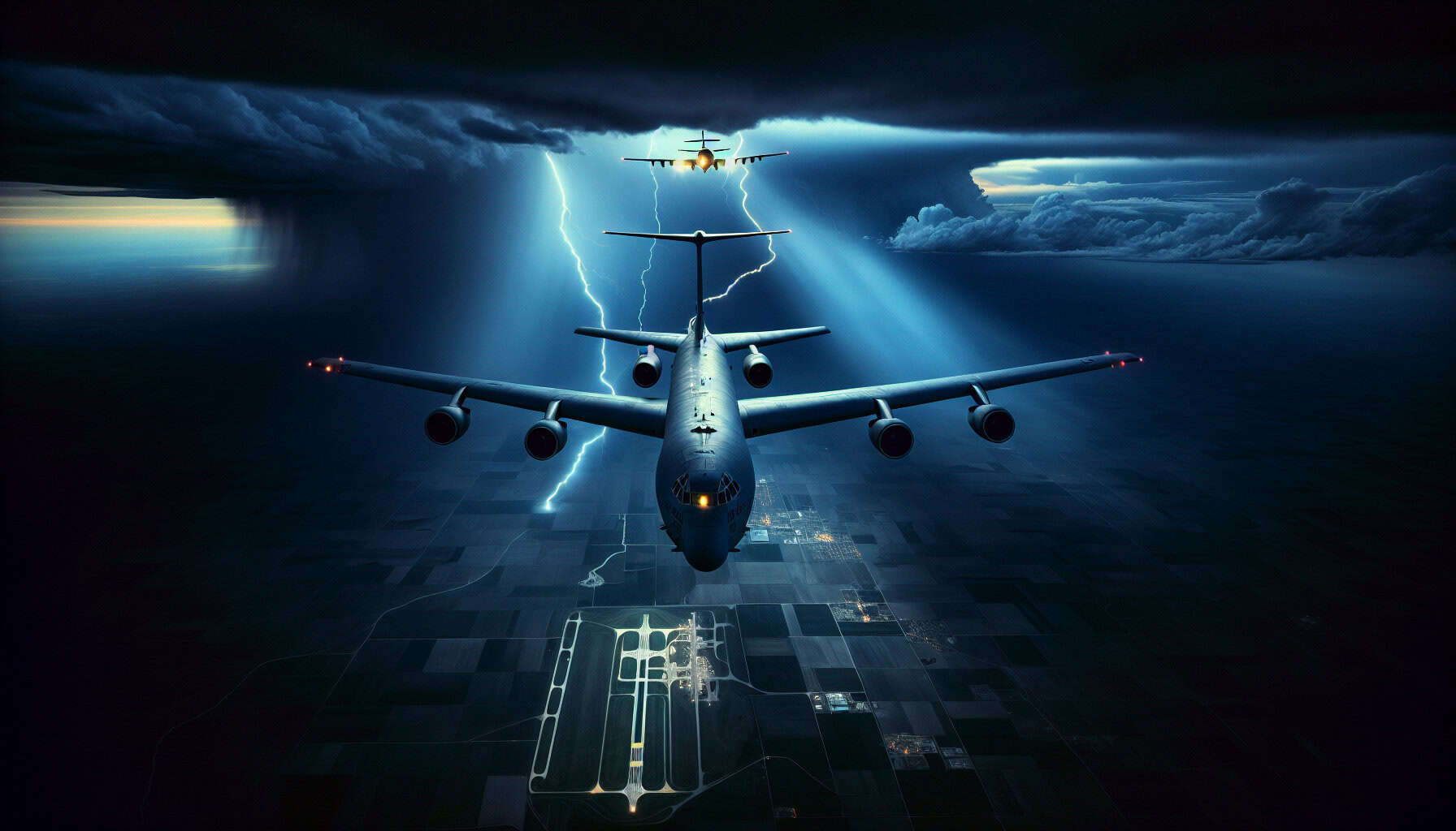 High-contrast aerial shot of a US Navy E-6B Mercury "Doomsday Plane" soaring through a stormy twilight sky, illuminated by navigation lights over Nebraska.