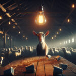 A highly intelligent goat stands in a dimly lit barn, its sharp pupils reflecting warm Edison bulb light. Behind it, confused sheep and alpacas stare blankly.