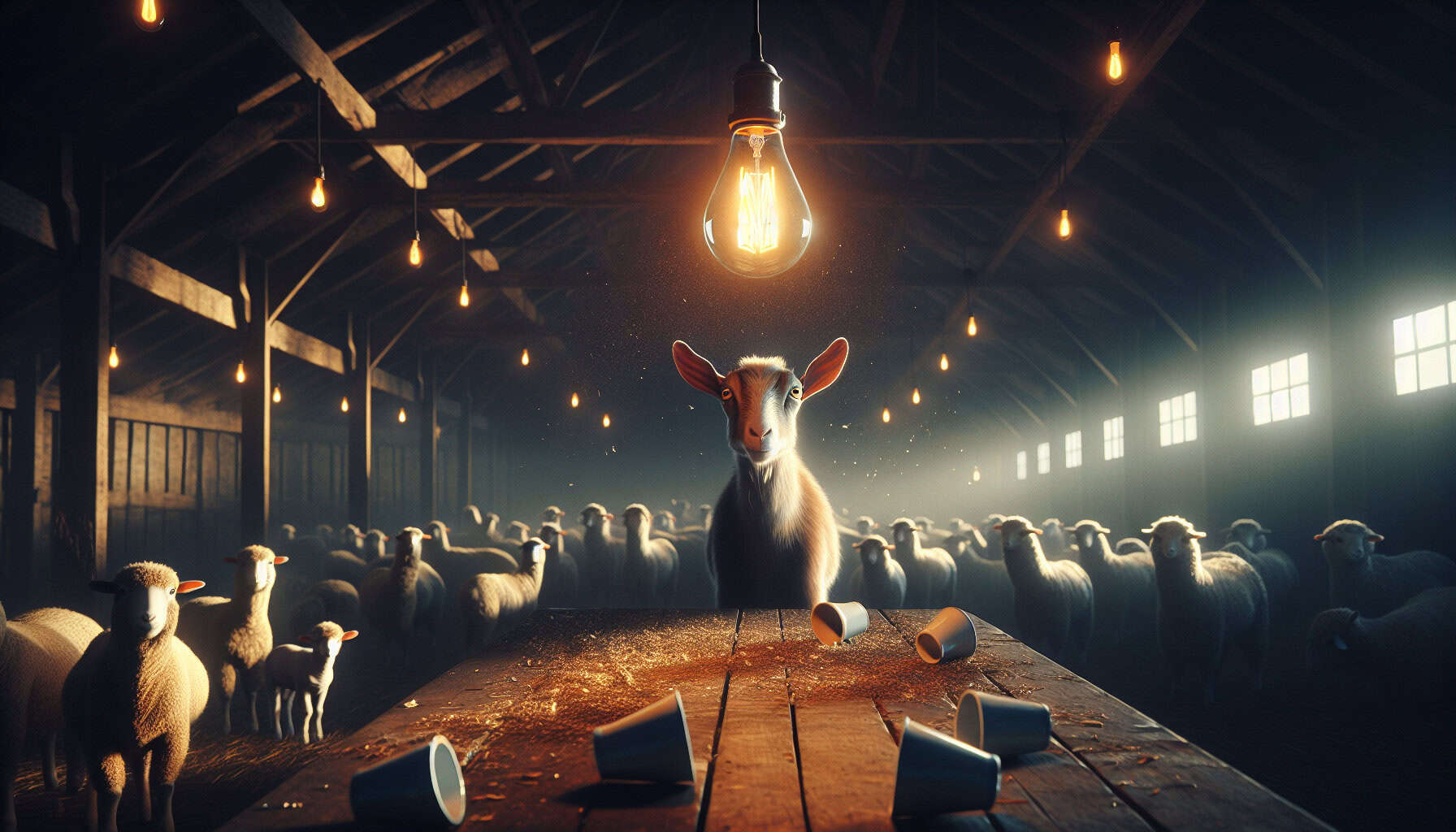 A highly intelligent goat stands in a dimly lit barn, its sharp pupils reflecting warm Edison bulb light. Behind it, confused sheep and alpacas stare blankly.