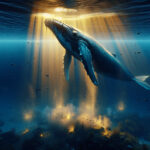 A majestic humpback whale drifts in the deep blue ocean, releasing a shimmering cloud of nutrient-rich urine, fueling marine life as sunlight pierces the water.