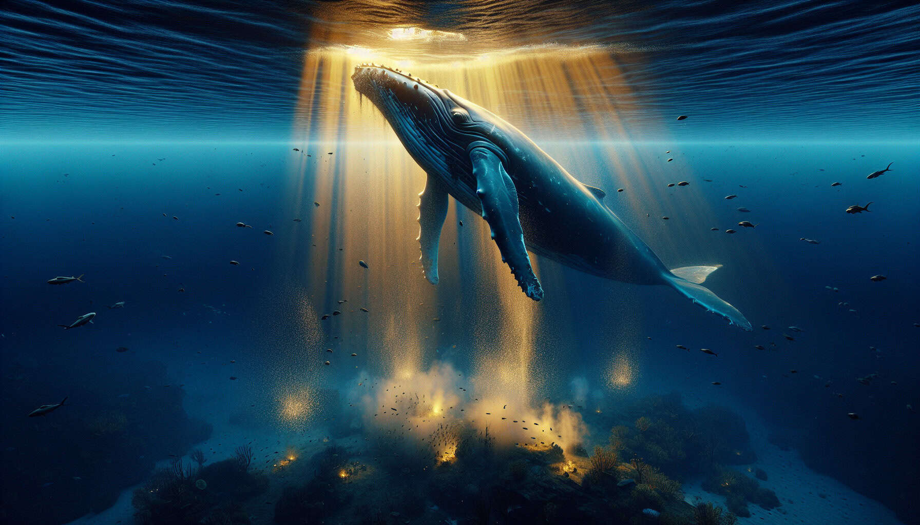 A majestic humpback whale drifts in the deep blue ocean, releasing a shimmering cloud of nutrient-rich urine, fueling marine life as sunlight pierces the water.
