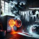 A dramatic laundry room scene contrasts a glowing clothes dryer with a breezy clothesline by an open window, symbolizing energy waste versus free, sustainable air drying.