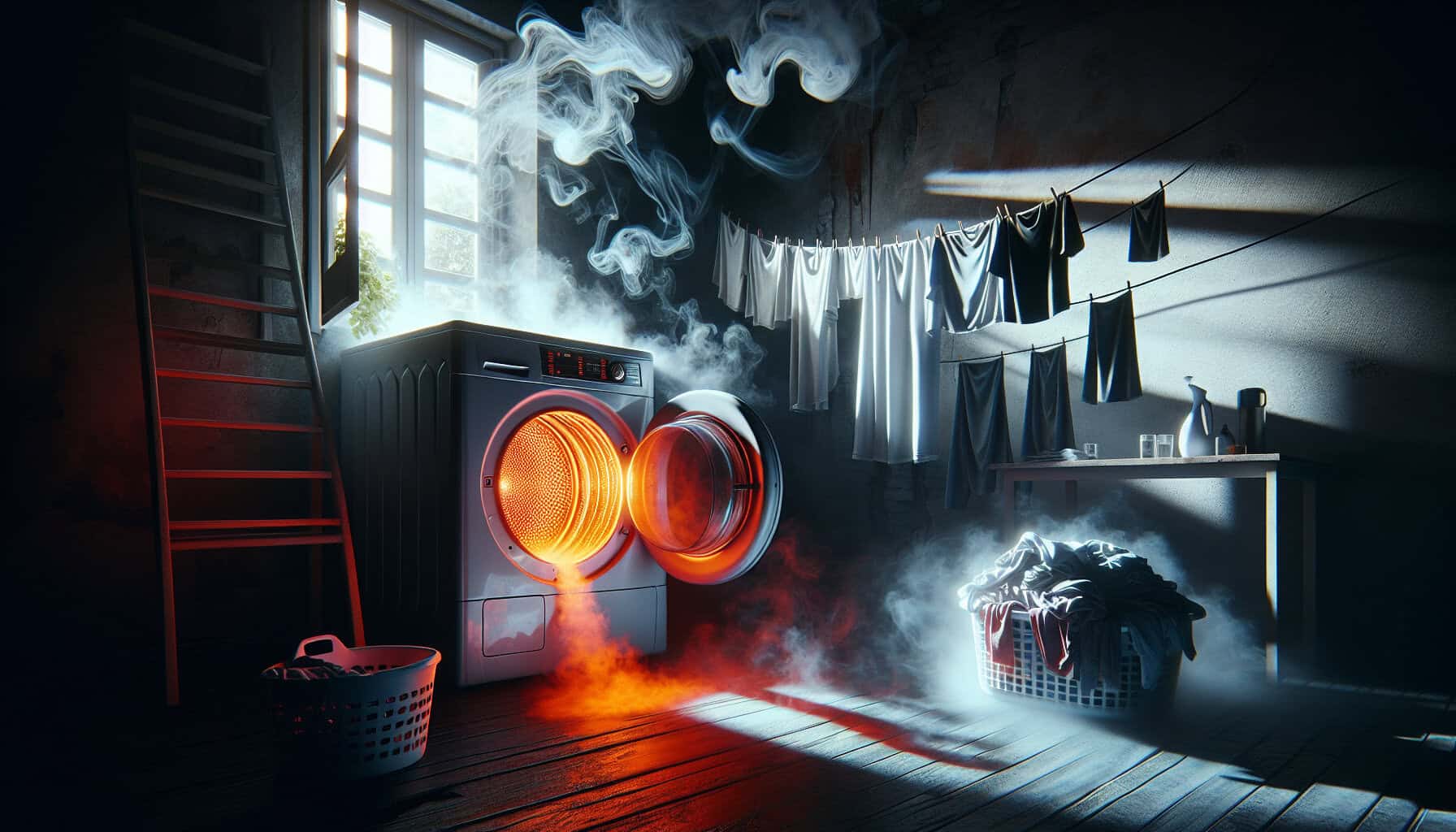 A dramatic laundry room scene contrasts a glowing clothes dryer with a breezy clothesline by an open window, symbolizing energy waste versus free, sustainable air drying.