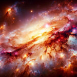 A luminous primordial galaxy, JADES-GS-z14-0, glows brilliantly in deep space, surrounded by swirling crimson, violet, and blue nebulae, revealing unexpected cosmic chemistry.