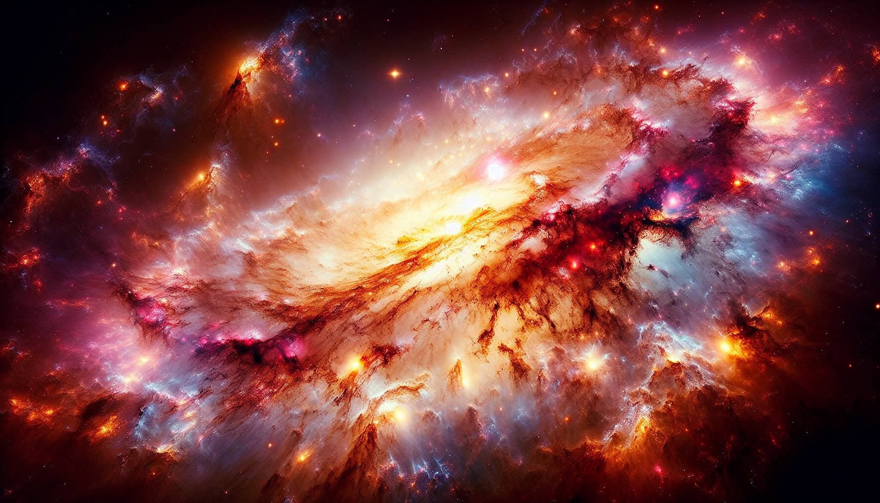 A luminous primordial galaxy, JADES-GS-z14-0, glows brilliantly in deep space, surrounded by swirling crimson, violet, and blue nebulae, revealing unexpected cosmic chemistry.