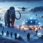 A genetically engineered woolly mammoth strides across an icy Arctic tundra, its thick fur rippling in the wind, as scientists monitor its movements from a high-tech facility.