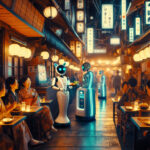 A futuristic Japanese restaurant at night, where a sleek cat-eared robot waiter delivers food under neon lights, observed by an elderly waitress with a thoughtful smile.