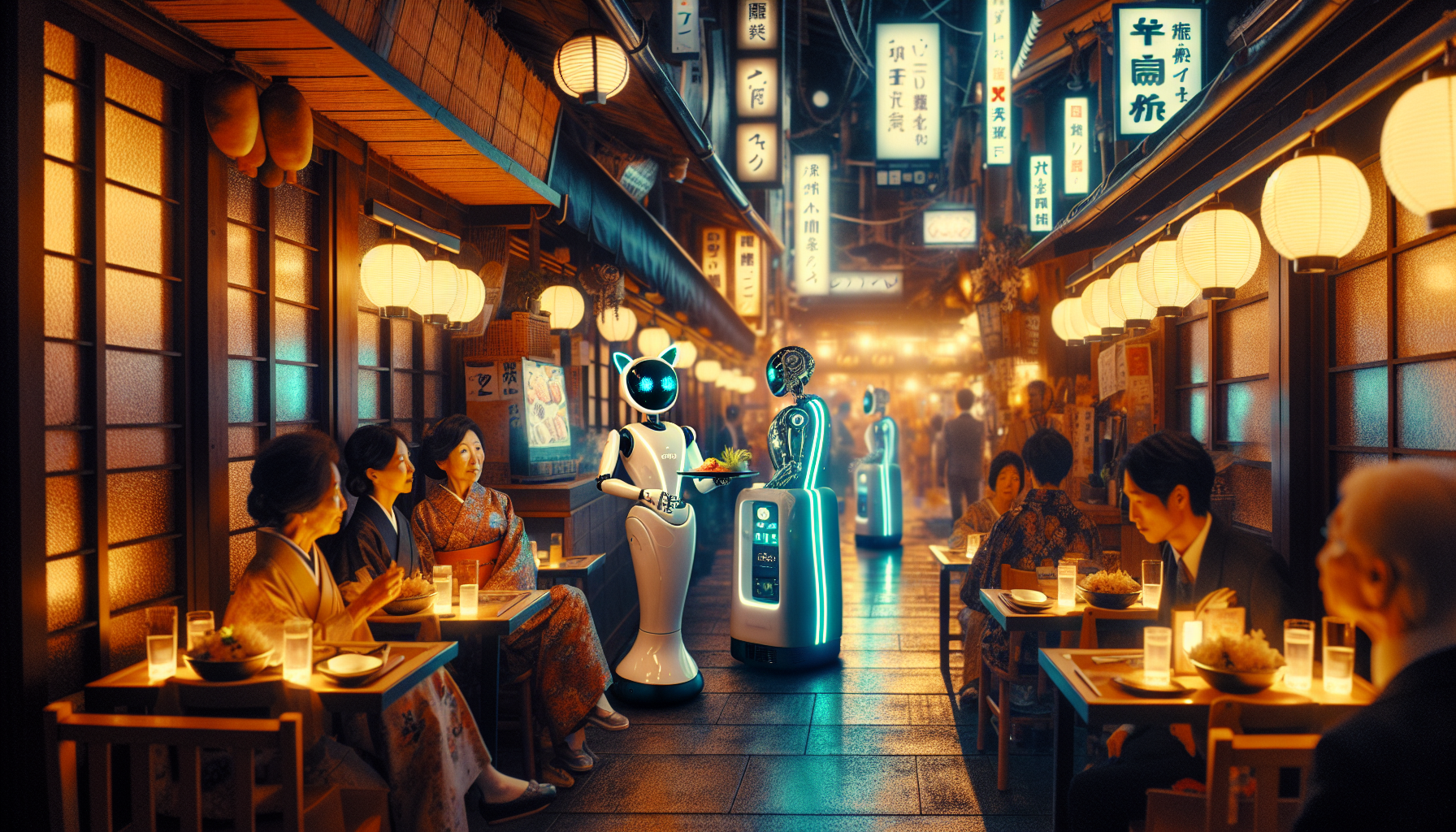 A futuristic Japanese restaurant at night, where a sleek cat-eared robot waiter delivers food under neon lights, observed by an elderly waitress with a thoughtful smile.