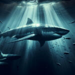 A massive megalodon with a sleek, elongated body glides through the deep ocean, resembling an enormous lemon shark. Sunlight filters down, illuminating its scarred skin.