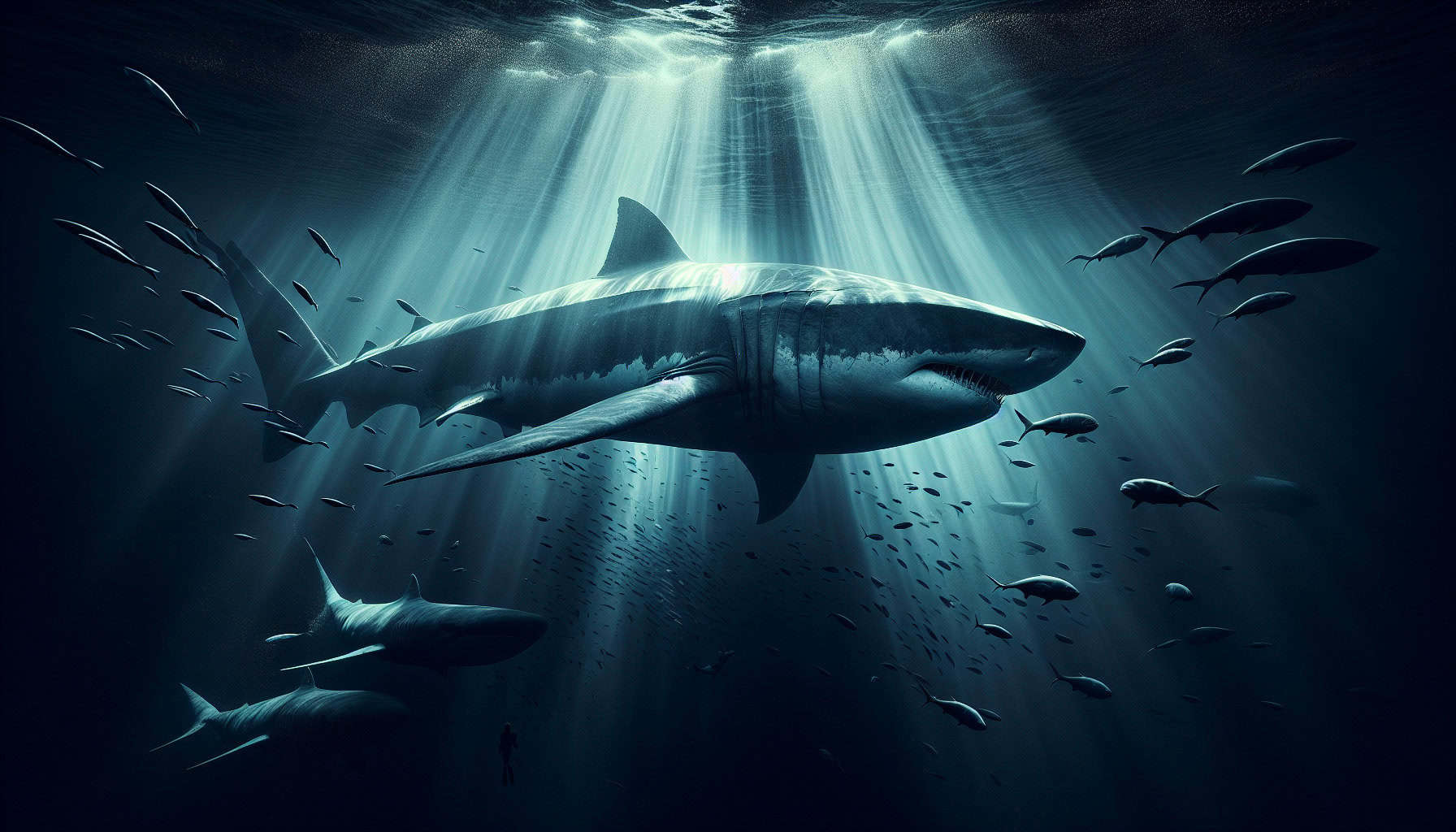 A massive megalodon with a sleek, elongated body glides through the deep ocean, resembling an enormous lemon shark. Sunlight filters down, illuminating its scarred skin.