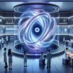 A photorealistic quantum tornado swirls in momentum space inside a high-tech lab, glowing blue and purple as futuristic scientists analyze its holographic energy vortex.