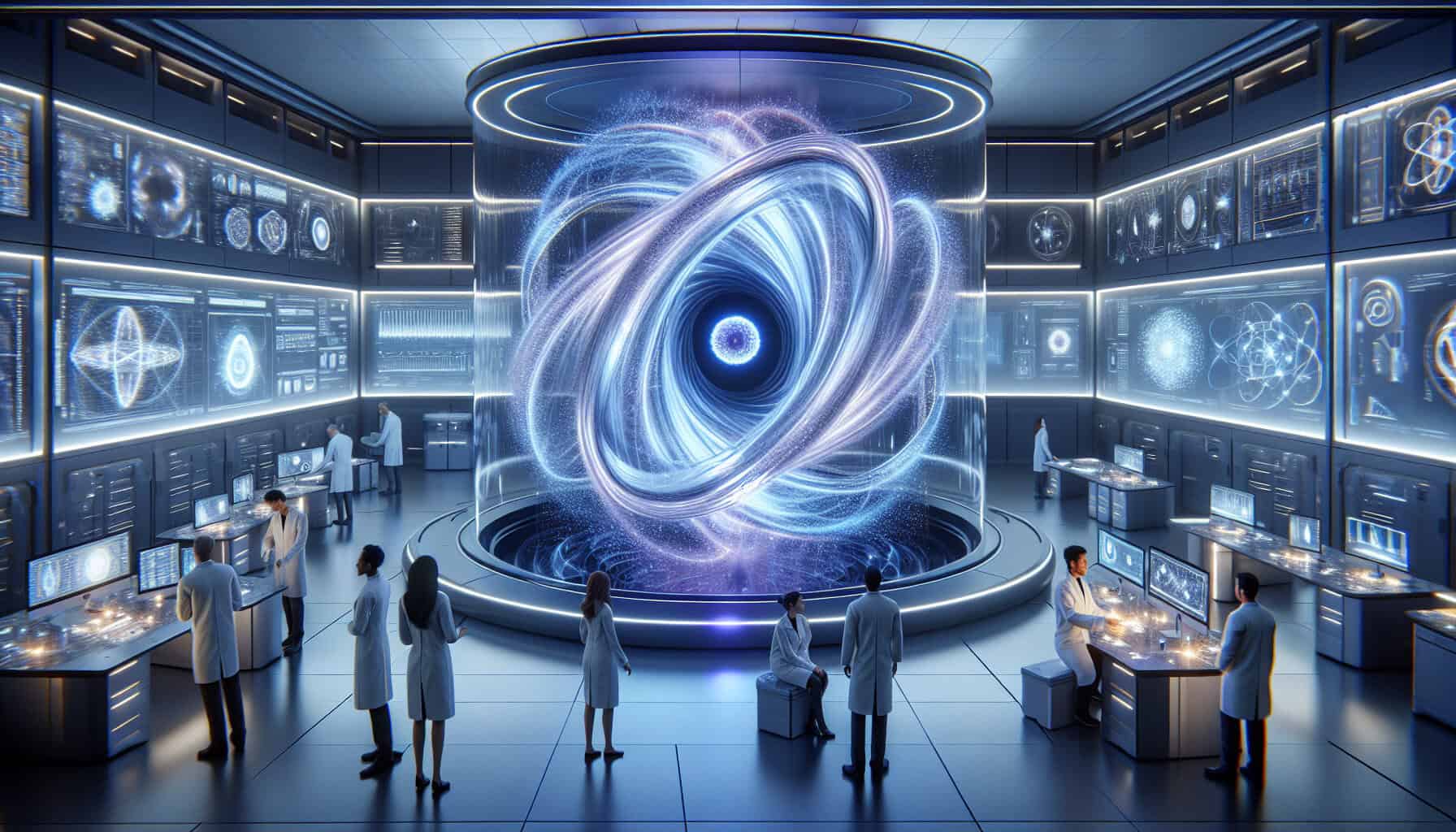 A photorealistic quantum tornado swirls in momentum space inside a high-tech lab, glowing blue and purple as futuristic scientists analyze its holographic energy vortex.