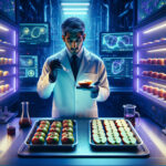 A scientist in a futuristic lab examines fresh apple slices under violet LED lights, preventing browning. Nearby, untreated apples have turned brown, highlighting the experiment’s success.