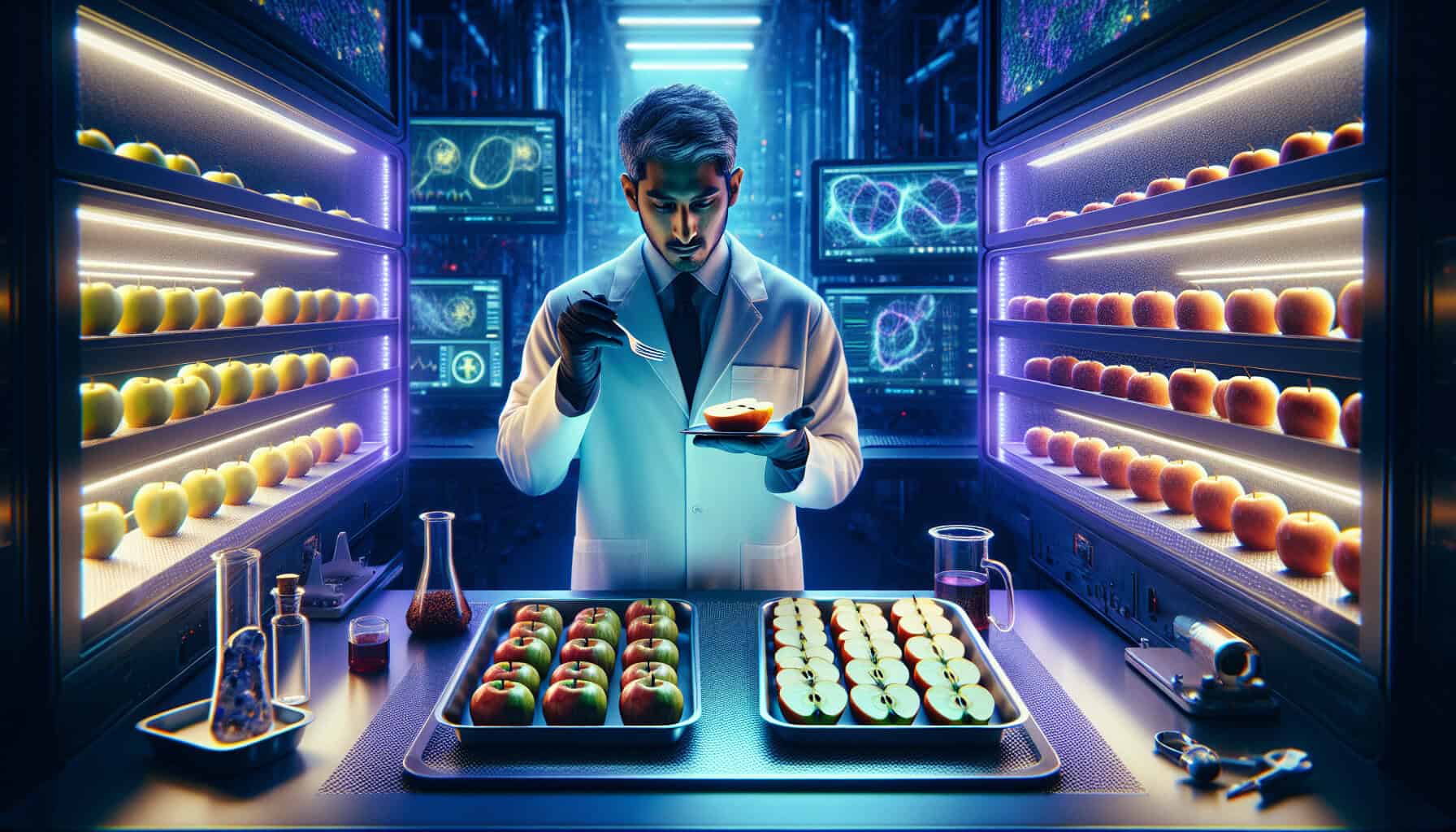 A scientist in a futuristic lab examines fresh apple slices under violet LED lights, preventing browning. Nearby, untreated apples have turned brown, highlighting the experiment’s success.