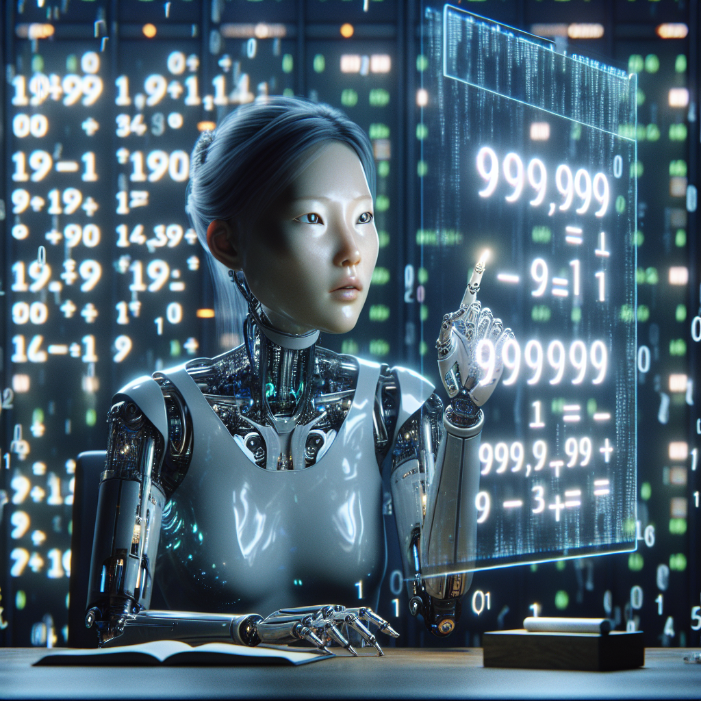 A humanoid AI struggles to solve a simple math problem, surrounded by holographic numbers, revealing the challenge of learning concepts beyond raw data.