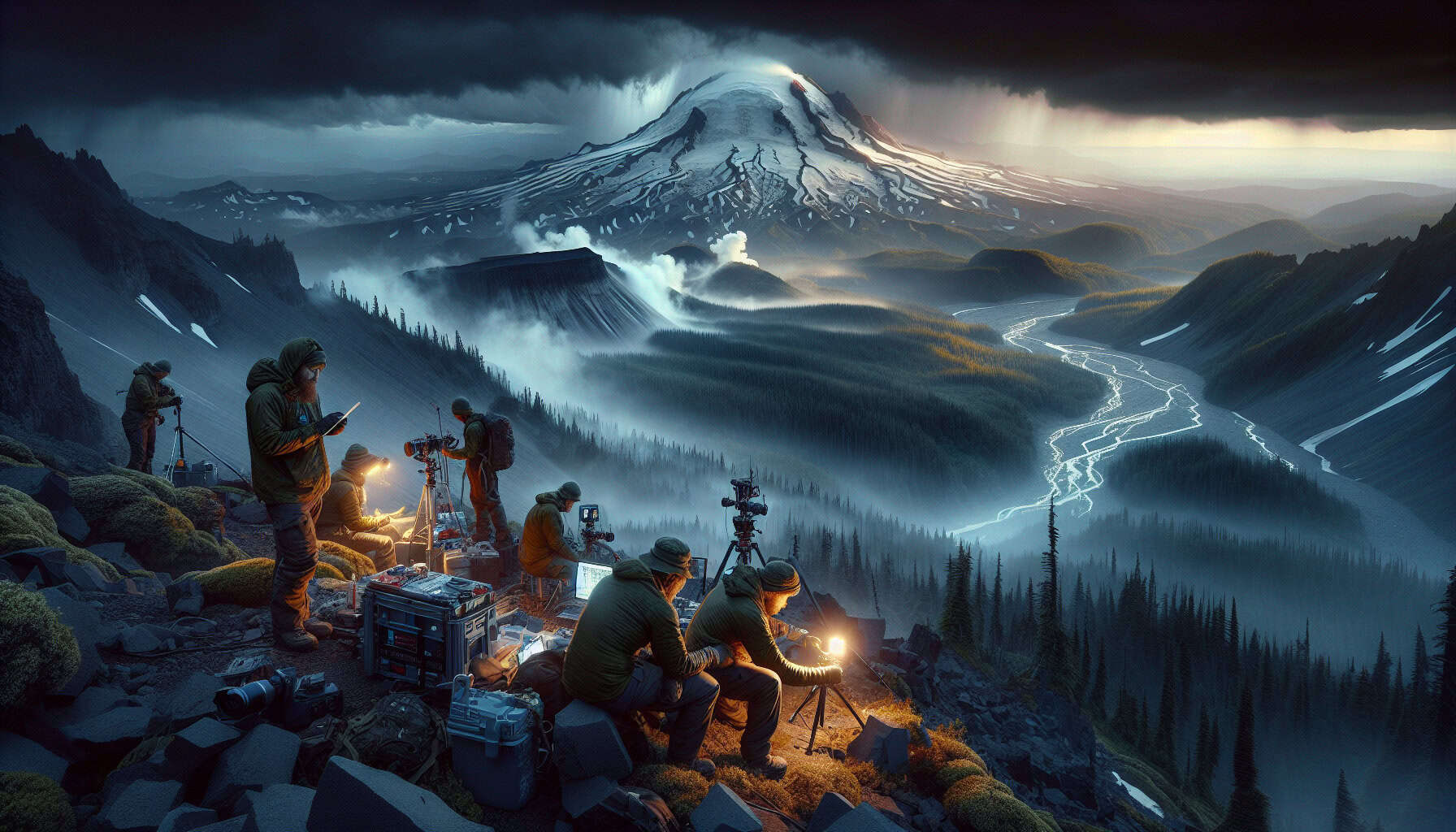 Mount Adams looms under a stormy twilight sky as scientists set up monitoring equipment, its snow-capped peak bathed in eerie golden light.