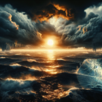 A cracked mirror floats in a stormy ocean, reflecting a turbulent sky where thinning clouds allow intense sunlight to penetrate, symbolizing Earth’s declining reflective ability.