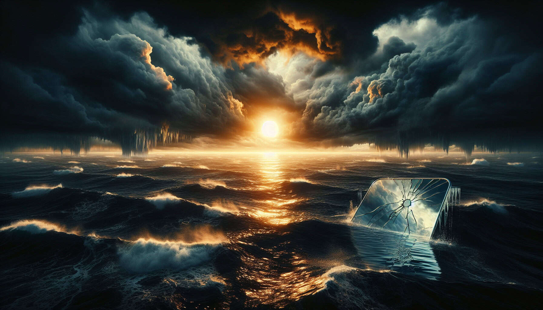 A cracked mirror floats in a stormy ocean, reflecting a turbulent sky where thinning clouds allow intense sunlight to penetrate, symbolizing Earth’s declining reflective ability.