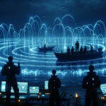 A glowing blue vortex of water waves holds a floating object in place as scientists observe from a futuristic platform under the night sky.