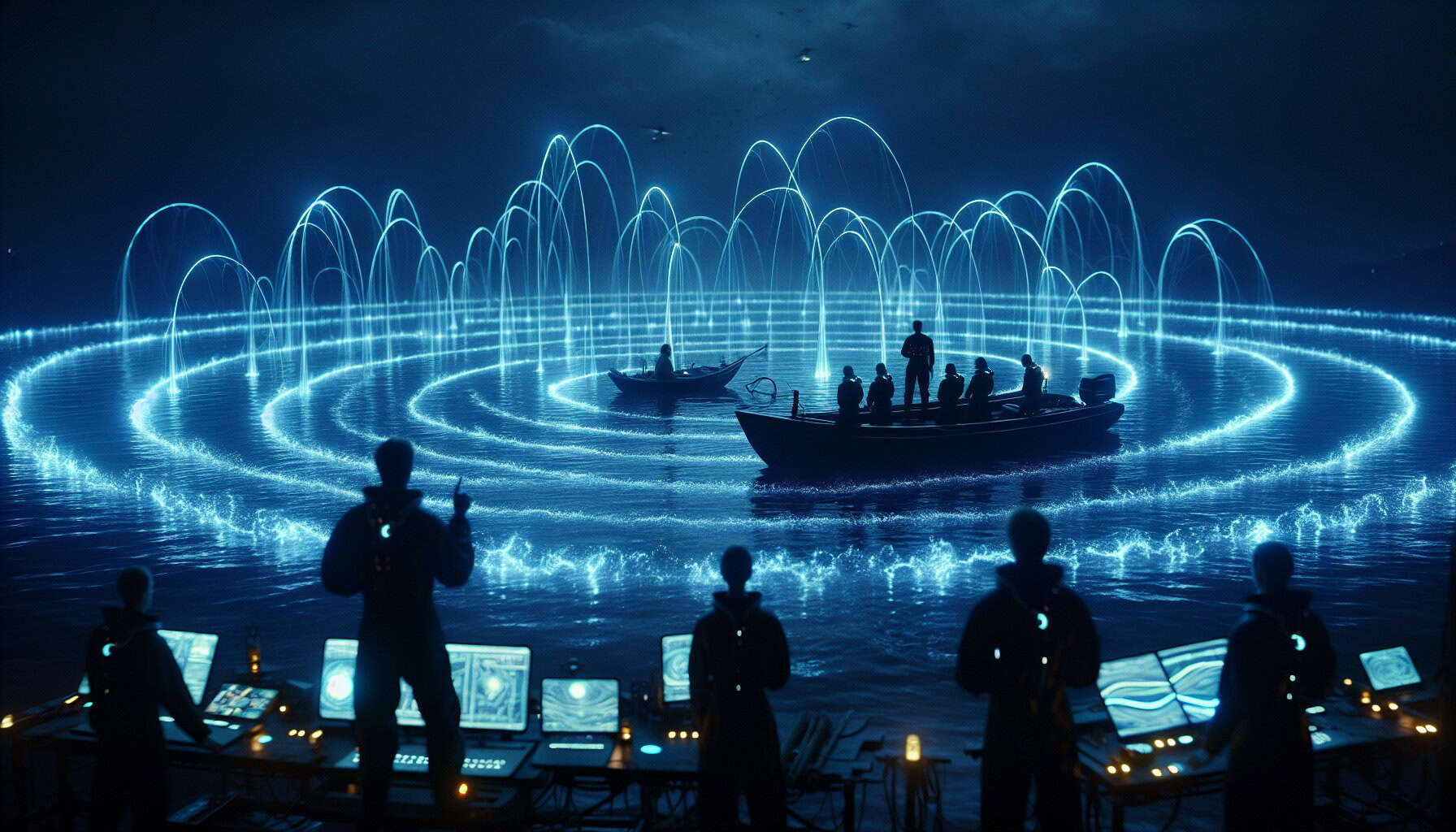 A glowing blue vortex of water waves holds a floating object in place as scientists observe from a futuristic platform under the night sky.
