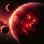 A vivid depiction of Barnard’s Star and its four tiny exoplanets, glowing in crimson light. The planets, rugged and scorched, orbit rapidly in a cinematic space scene.