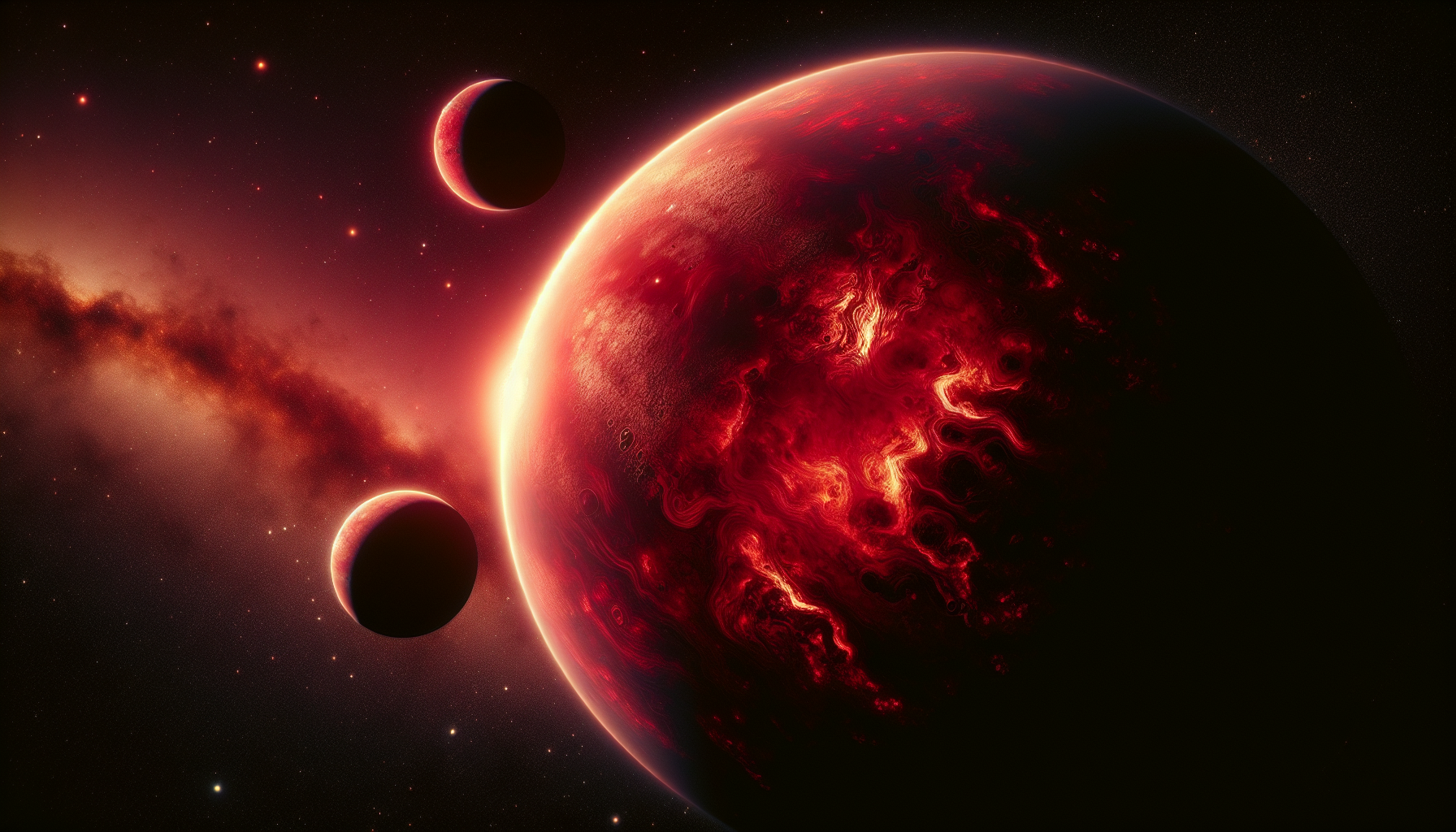 A vivid depiction of Barnard’s Star and its four tiny exoplanets, glowing in crimson light. The planets, rugged and scorched, orbit rapidly in a cinematic space scene.