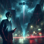 A lone man on a dimly lit city street at night looks up anxiously at the sky, his face illuminated by a smartphone screen displaying news about China's spy satellite. Above him, red laser grids scan the skyline, with a futuristic satellite silently orbiting in the distance.