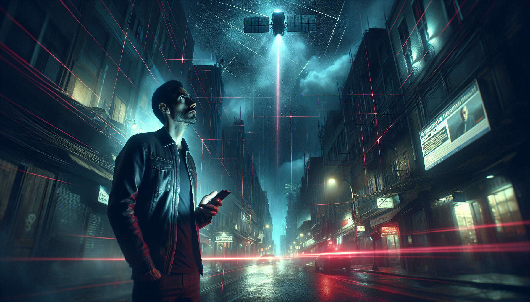 A lone man on a dimly lit city street at night looks up anxiously at the sky, his face illuminated by a smartphone screen displaying news about China's spy satellite. Above him, red laser grids scan the skyline, with a futuristic satellite silently orbiting in the distance.