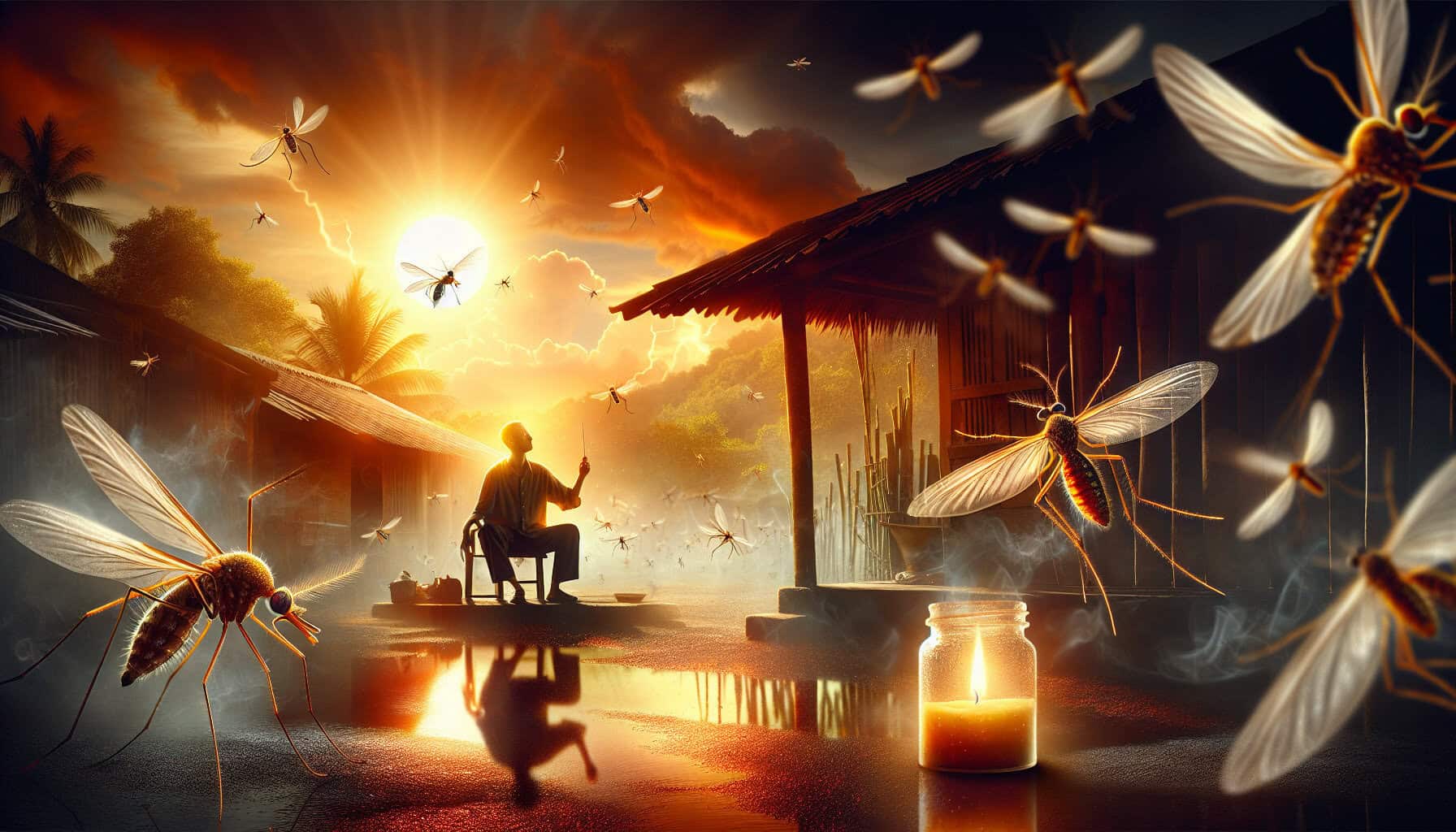 A man sweats on his porch at sunset, swatting frantically at a relentless swarm of mosquitoes. His citronella candle burns uselessly as the heat intensifies their attack.