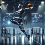 A humanoid AI-powered robot soars mid-air, executing a perfect slam dunk with a miniature basketball in a futuristic research lab, as engineers observe behind glass.