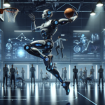 A humanoid AI-powered robot soars mid-air, executing a perfect slam dunk with a miniature basketball in a futuristic research lab, as engineers observe behind glass.