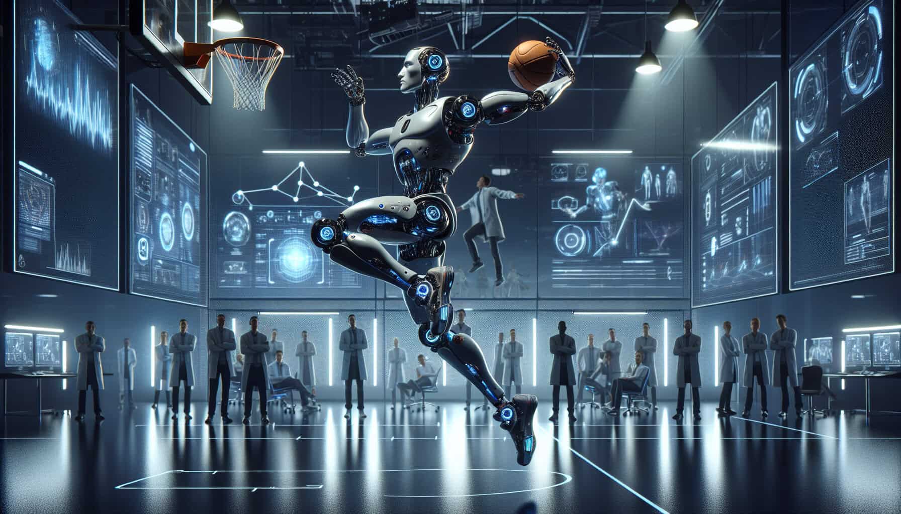 A humanoid AI-powered robot soars mid-air, executing a perfect slam dunk with a miniature basketball in a futuristic research lab, as engineers observe behind glass.