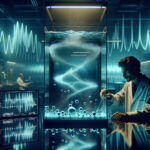 A scientist in a futuristic lab observes tiny foam spheres floating in a water tank, moving in precise patterns due to manipulated wave forces.