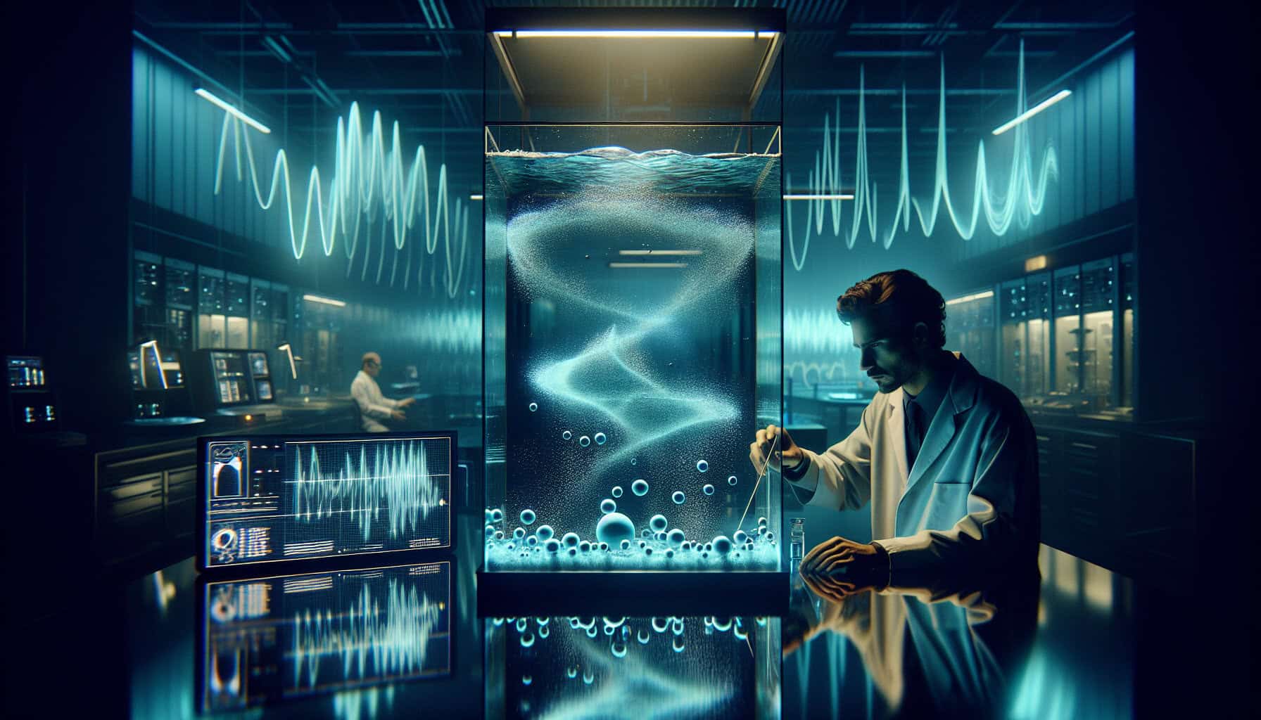 A scientist in a futuristic lab observes tiny foam spheres floating in a water tank, moving in precise patterns due to manipulated wave forces.