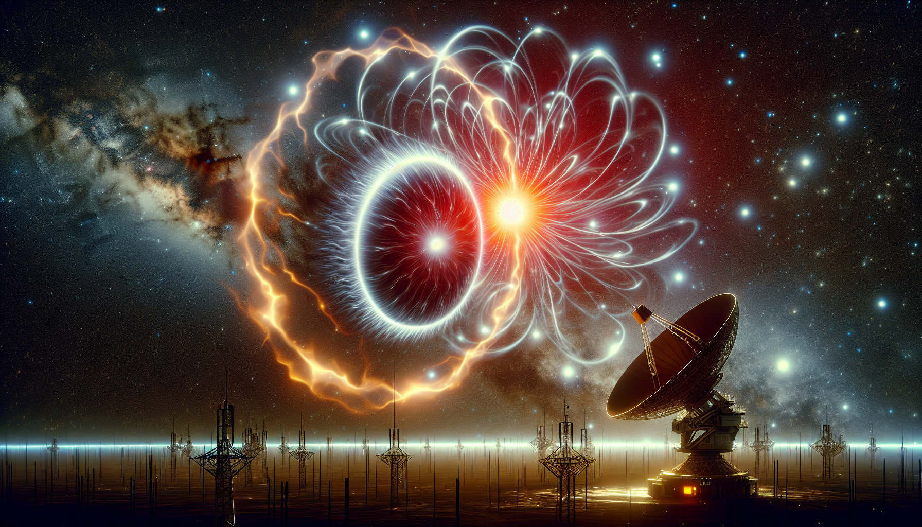 A cinematic deep-space scene of a binary star system near the Big Dipper, where a white dwarf and red dwarf collide magnetically, emitting eerie, rhythmic radio pulses.