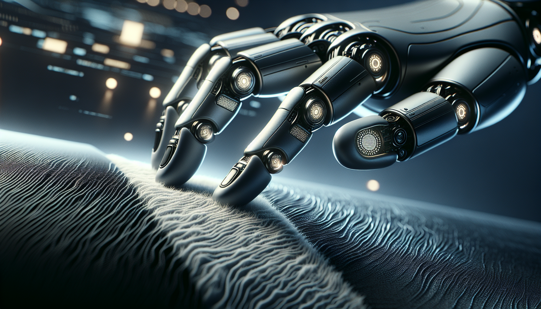 A high-tech robotic hand with touch-sensitive fingers glides over silk and sandpaper, its glowing sensors detecting texture differences with precision in a futuristic lab setting.