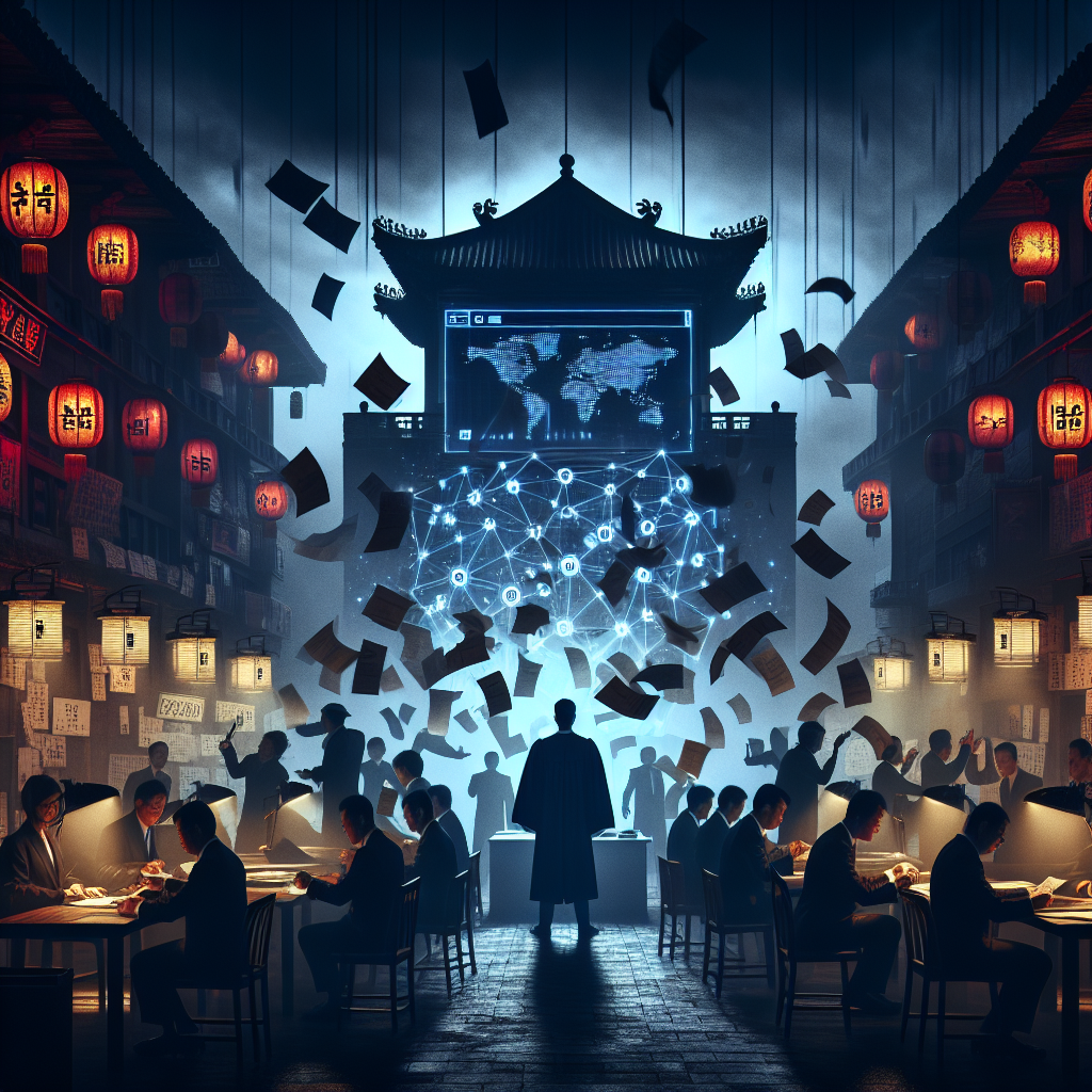 A cinematic scene of China's Supreme Court cracking down on academic fraud, with judges, nervous researchers, and shadowy paper mill operators in a tense, high-tech office.