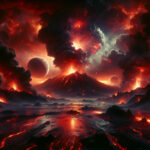 A fiery primordial Earth with erupting volcanoes, molten lava, and ash-filled skies. A turbulent ocean reflects the chaos, while early cyanobacteria release the first oxygen.