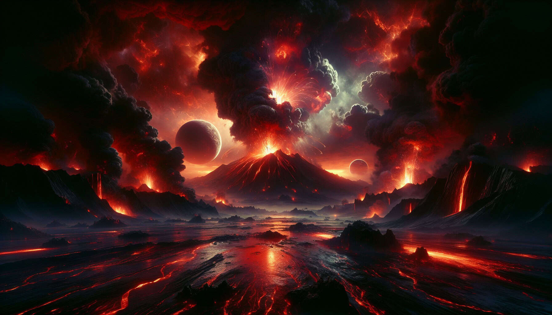 A fiery primordial Earth with erupting volcanoes, molten lava, and ash-filled skies. A turbulent ocean reflects the chaos, while early cyanobacteria release the first oxygen.