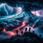 Cinematic image of Mount Spurr on the edge of eruption, with volcanic lightning, lava flow, and silhouetted scientists monitoring the impending disaster.