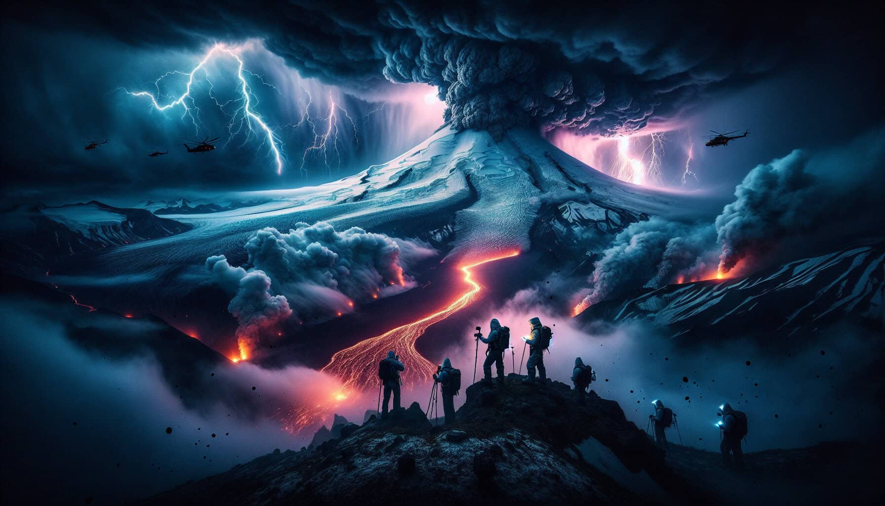 Cinematic image of Mount Spurr on the edge of eruption, with volcanic lightning, lava flow, and silhouetted scientists monitoring the impending disaster.
